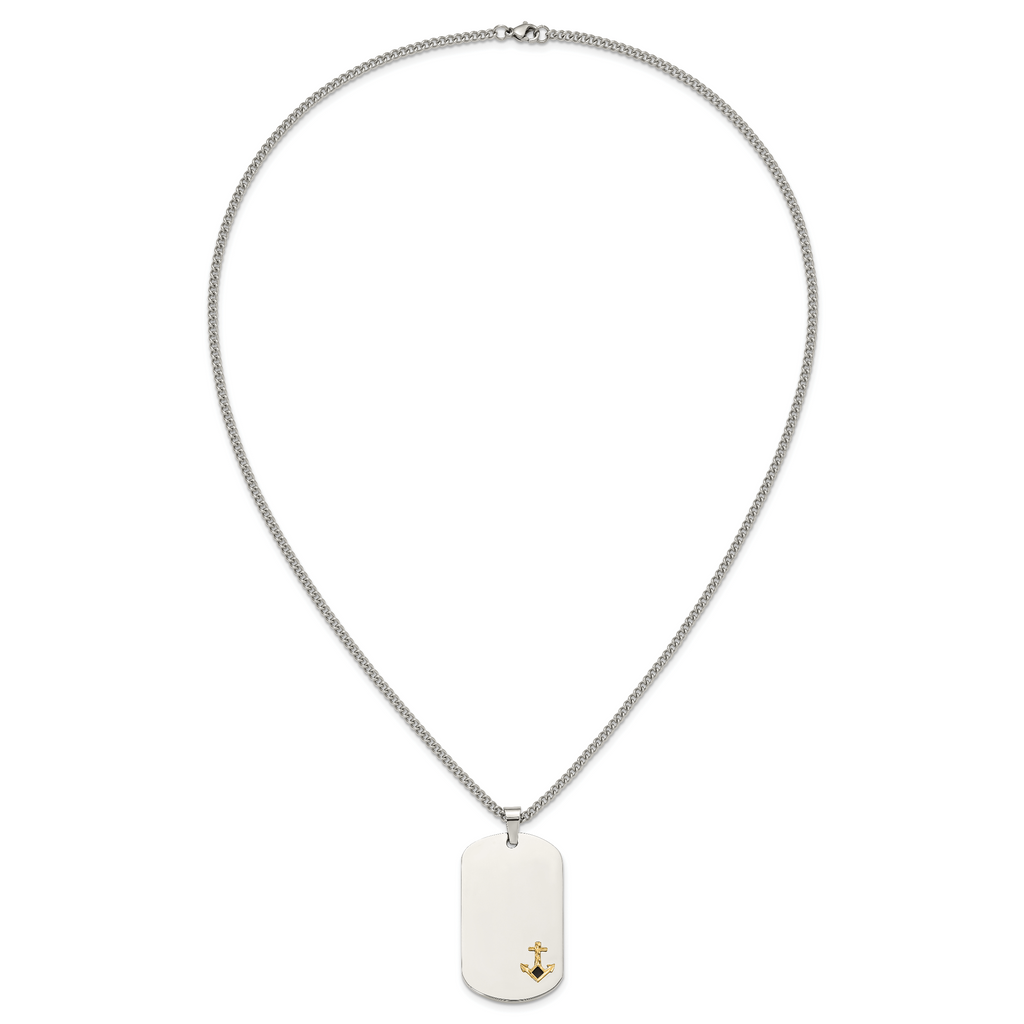 Men's Polished Anchor Stainless Steel 14K Gold Accent Curb Chain Pendant Necklace 3mm