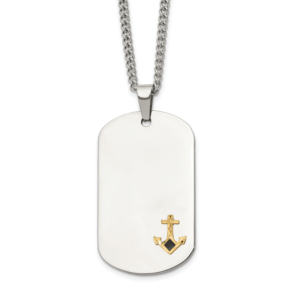 Men's Polished Anchor Stainless Steel 14K Gold Accent Curb Chain Pendant Necklace 3mm