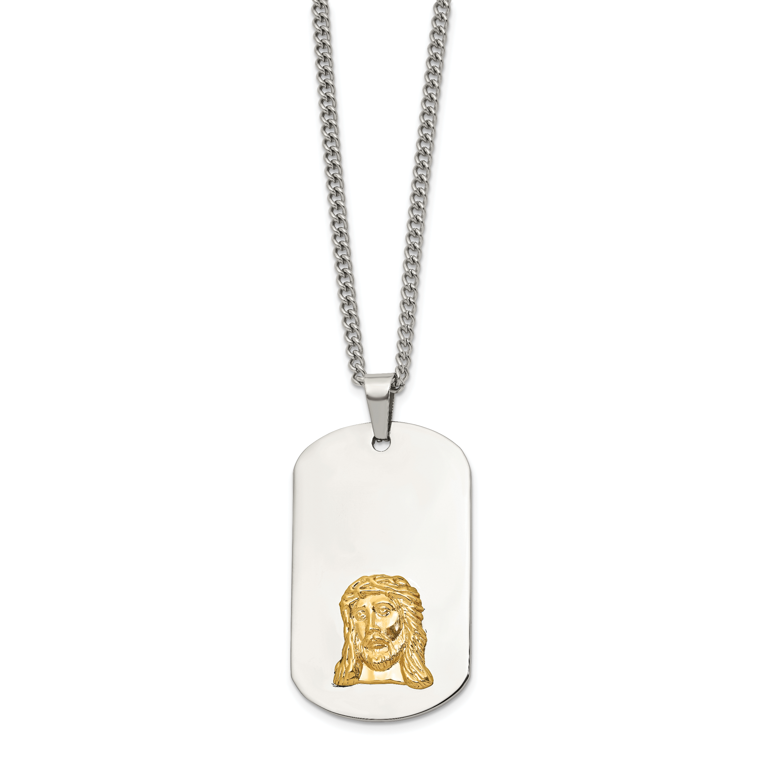 Men's Polished Dog Tag Stainless Steel 10K Gold Accent Curb Chain Pendant Necklace 3mm Secondary image