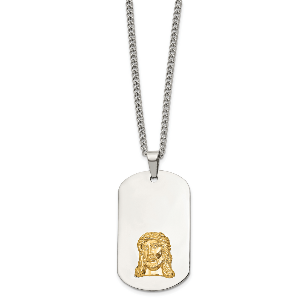 Men's Polished Dog Tag Stainless Steel 10K Gold Accent Curb Chain Pendant Necklace 3mm