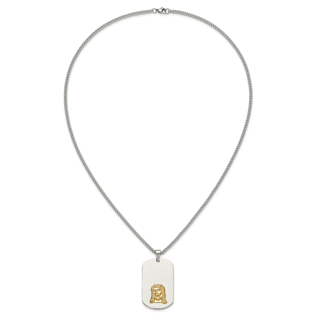 Men's Polished Dog Tag Stainless Steel 10K Gold Accent Curb Chain Pendant Necklace 3mm