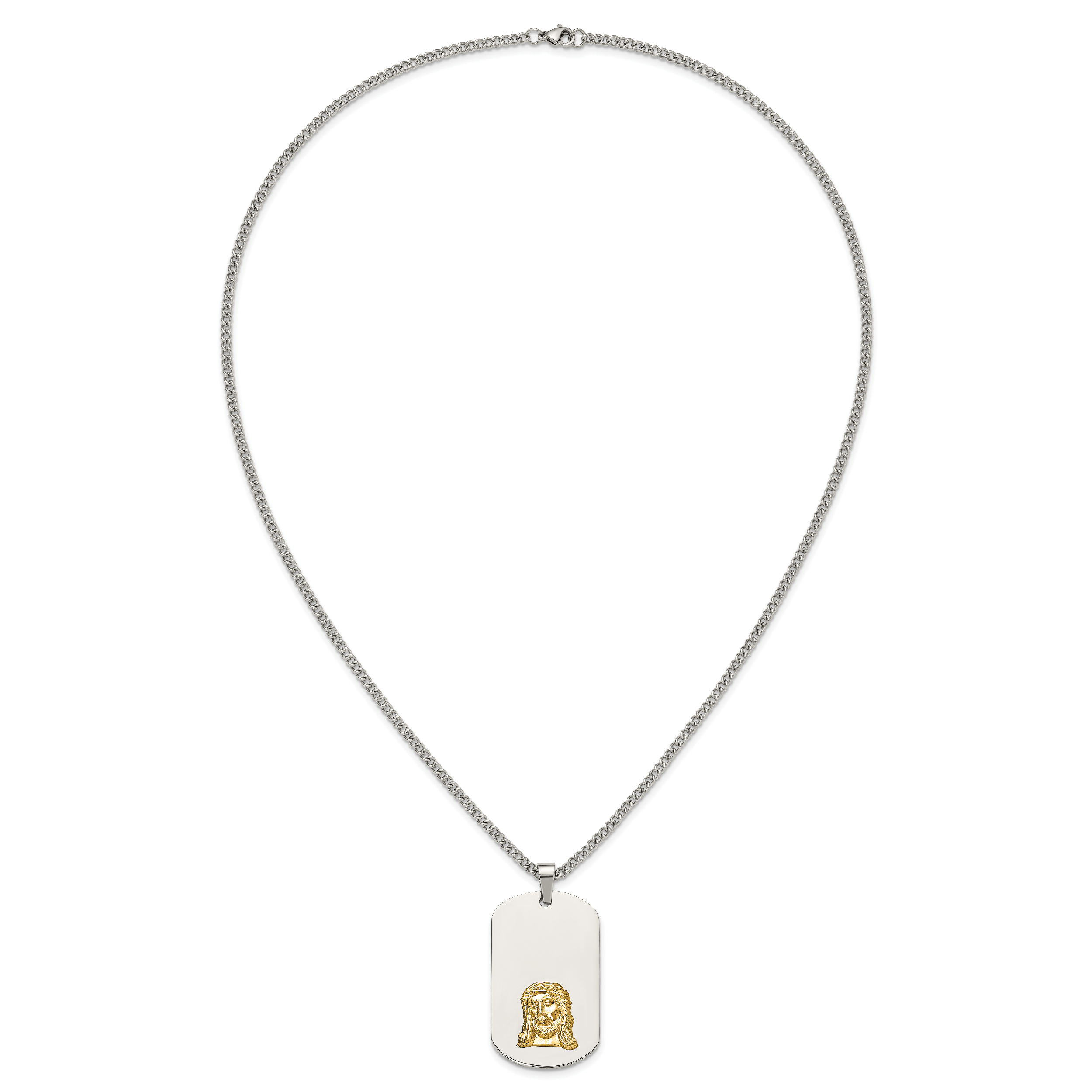 Men's Polished Dog Tag Stainless Steel 10K Gold Accent Curb Chain Pendant Necklace 3mm