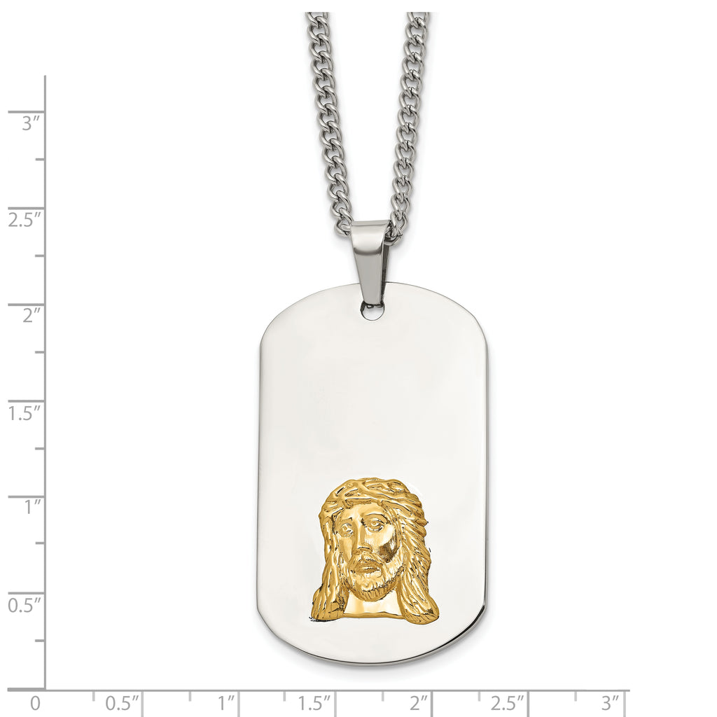 Men's Polished Dog Tag Stainless Steel 10K Gold Accent Curb Chain Pendant Necklace 3mm