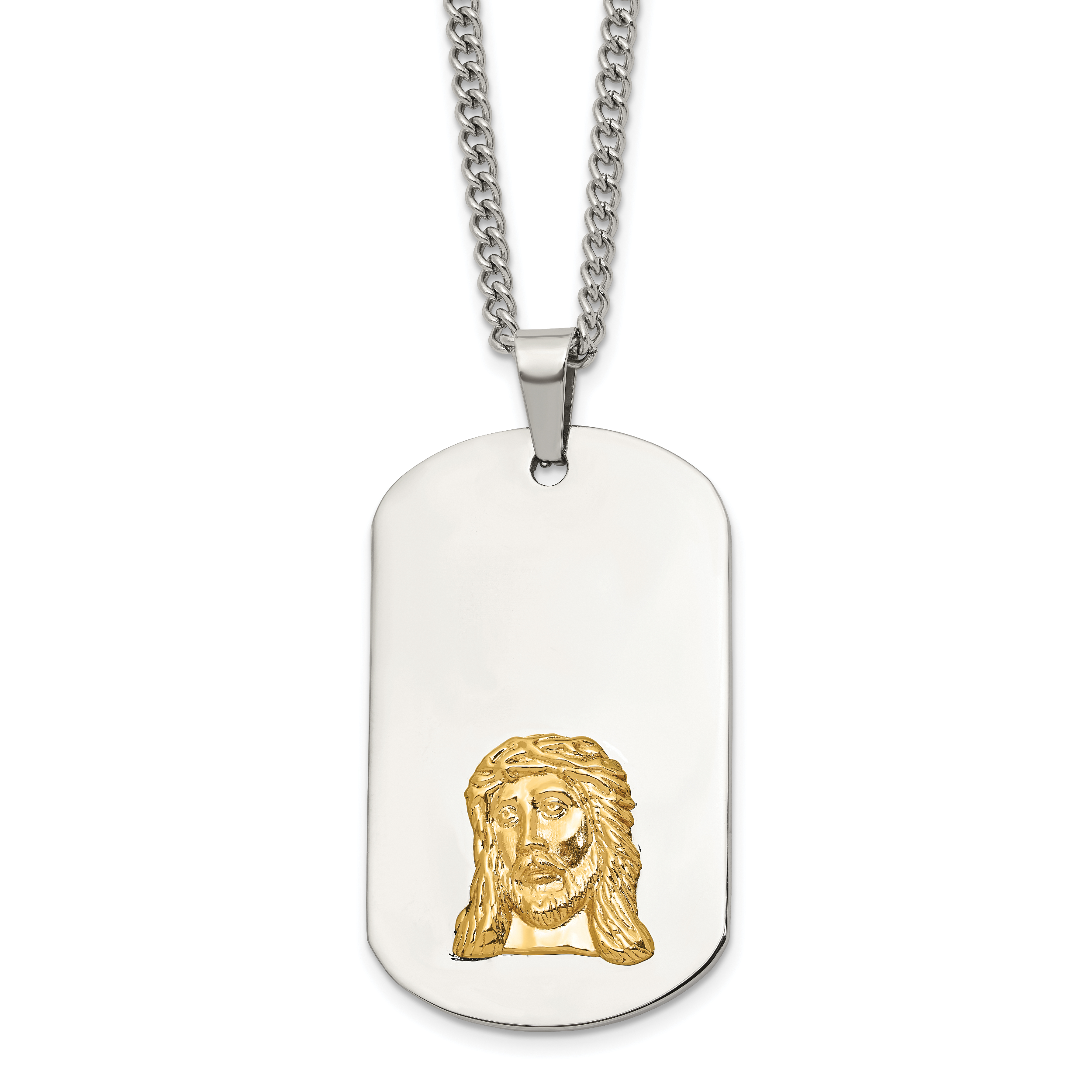 Men's Polished Dog Tag Stainless Steel 10K Gold Accent Curb Chain Pendant Necklace 3mm Main image