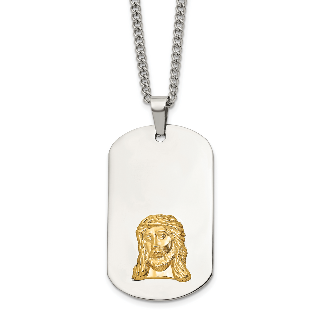 Men's Polished Dog Tag Stainless Steel 10K Gold Accent Curb Chain Pendant Necklace 3mm