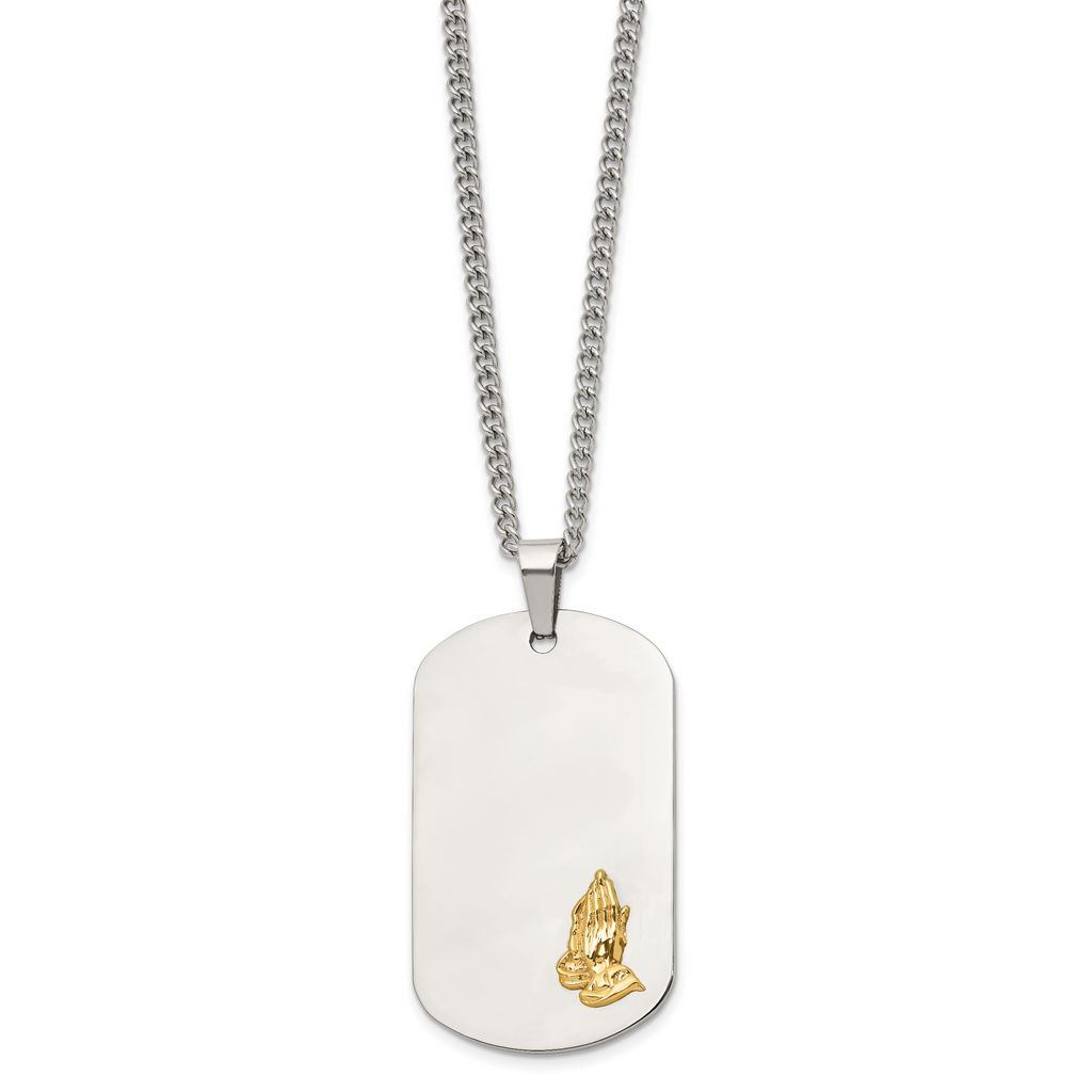 Men's Polished Praying Hands Stainless Steel 14K Gold Accent Curb Chain Pendant Necklace 3mm