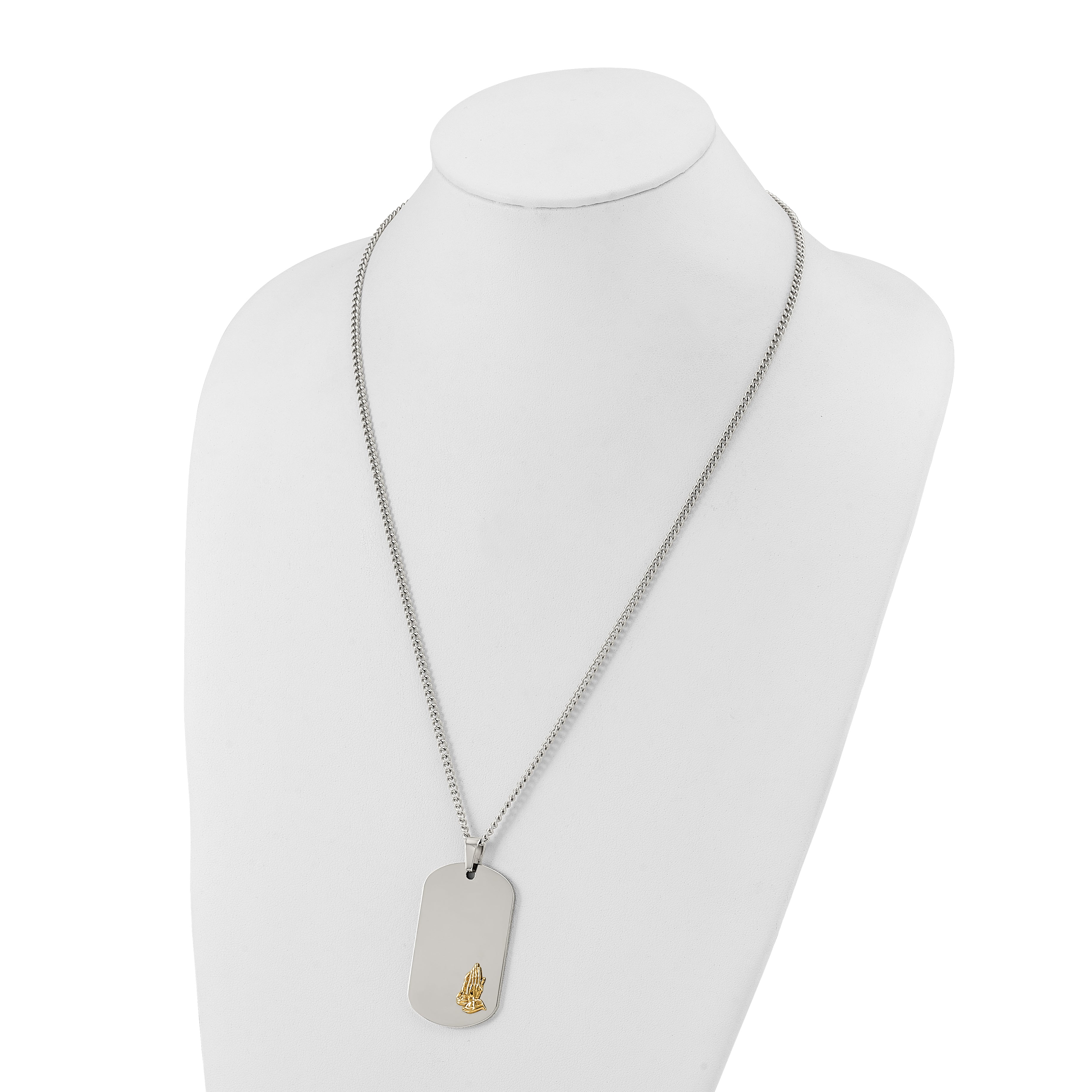 Men's Polished Praying Hands Stainless Steel 14K Gold Accent Curb Chain Pendant Necklace 3mm