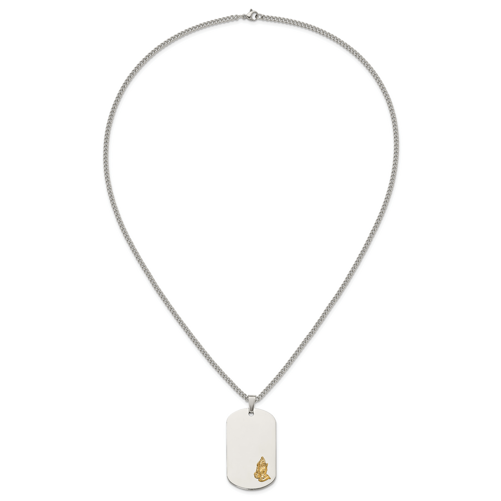 Men's Polished Praying Hands Stainless Steel 14K Gold Accent Curb Chain Pendant Necklace 3mm