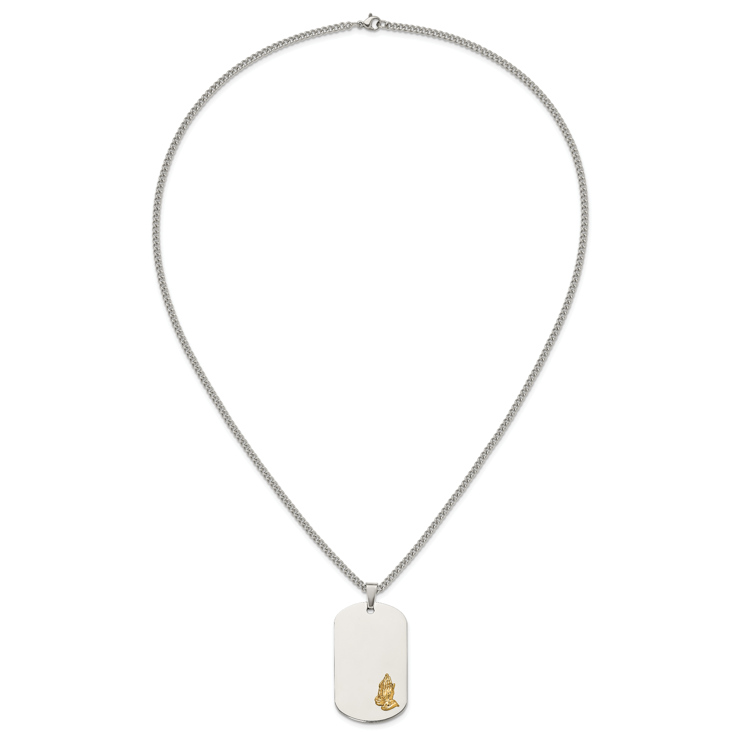 Men's Polished Praying Hands Stainless Steel 14K Gold Accent Curb Chain Pendant Necklace 3mm