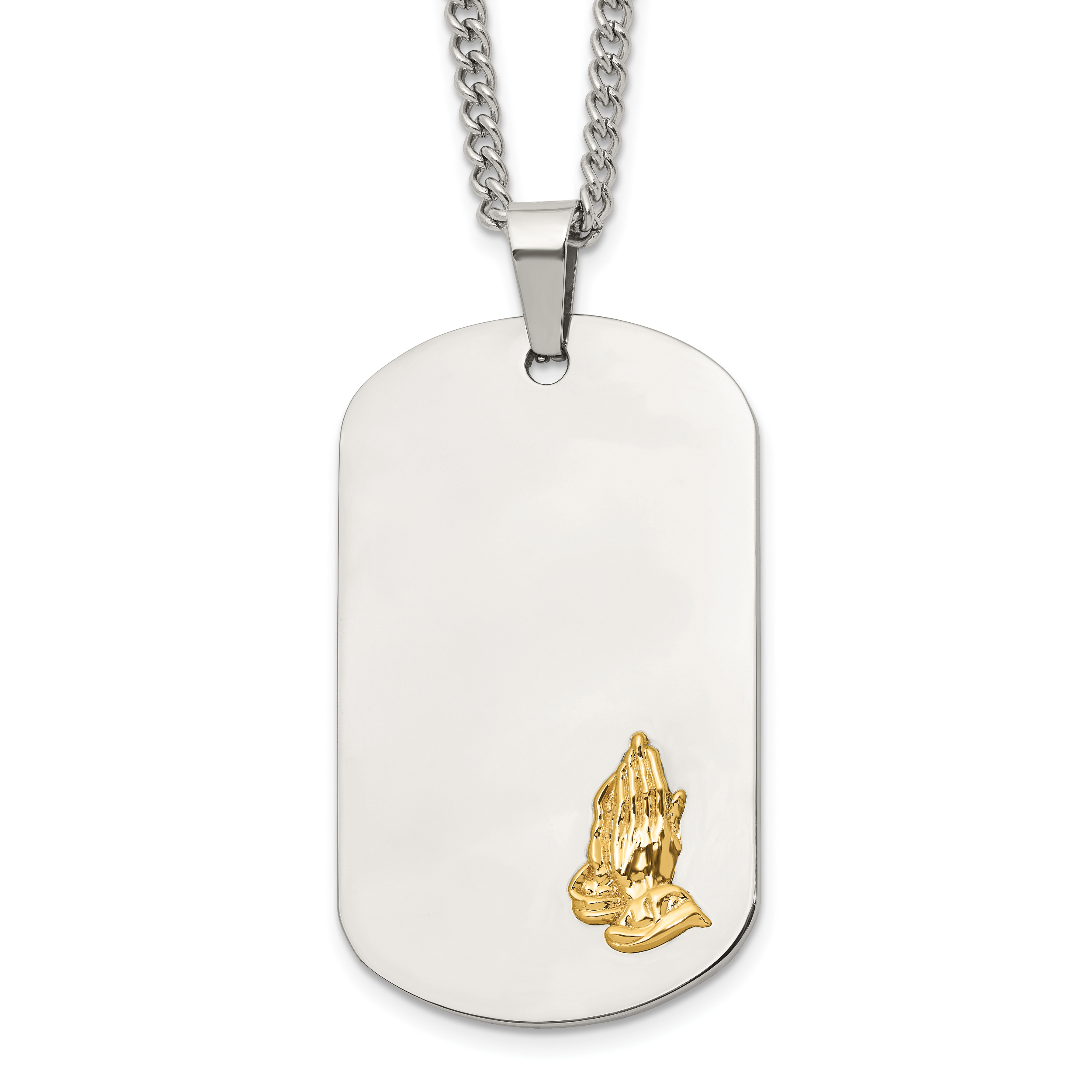 Men's Polished Praying Hands Stainless Steel 14K Gold Accent Curb Chain Pendant Necklace 3mm Main image