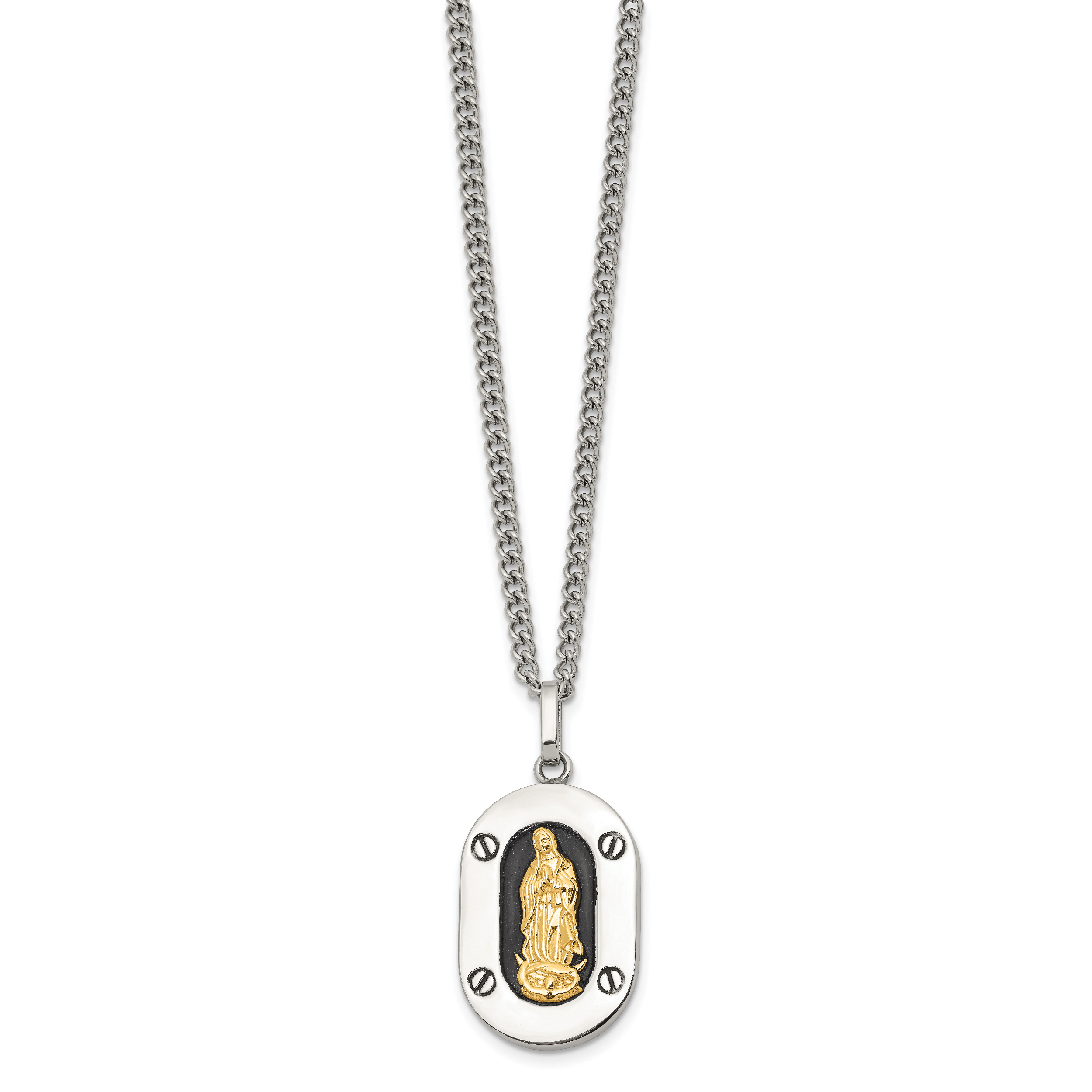 Men's Polished Enamel Black Stainless Steel 10K Gold Accent Curb Chain Pendant Necklace 3mm Secondary image