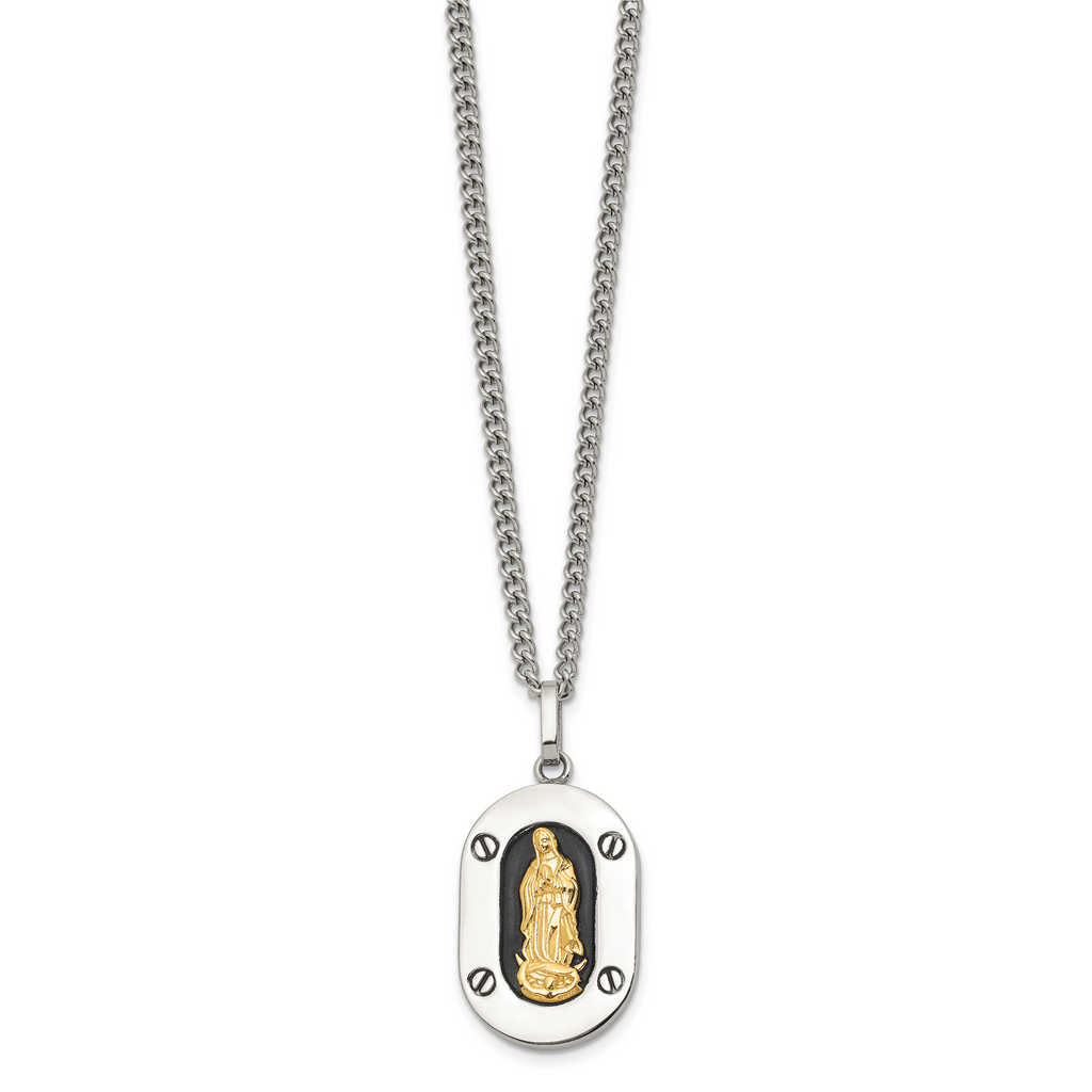 Men's Polished Enamel Black Stainless Steel 10K Gold Accent Curb Chain Pendant Necklace 3mm
