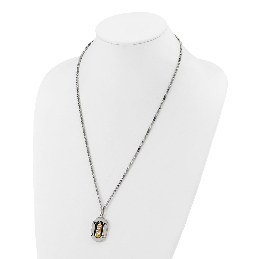 Men's Polished Enamel Black Stainless Steel 10K Gold Accent Curb Chain Pendant Necklace 3mm