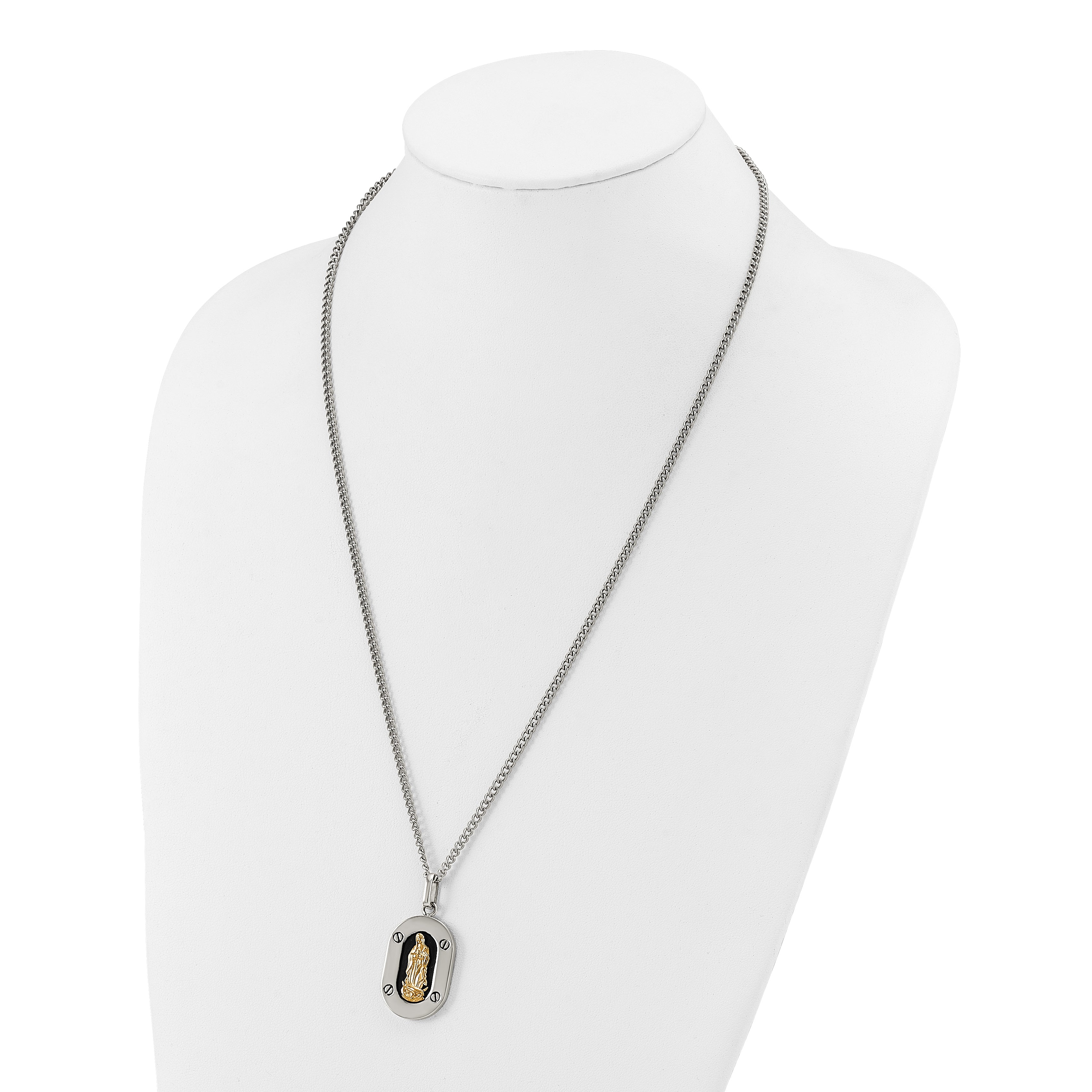 Men's Polished Enamel Black Stainless Steel 10K Gold Accent Curb Chain Pendant Necklace 3mm