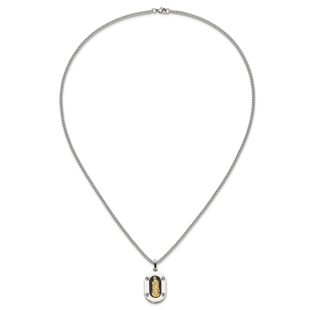 Men's Polished Enamel Black Stainless Steel 10K Gold Accent Curb Chain Pendant Necklace 3mm