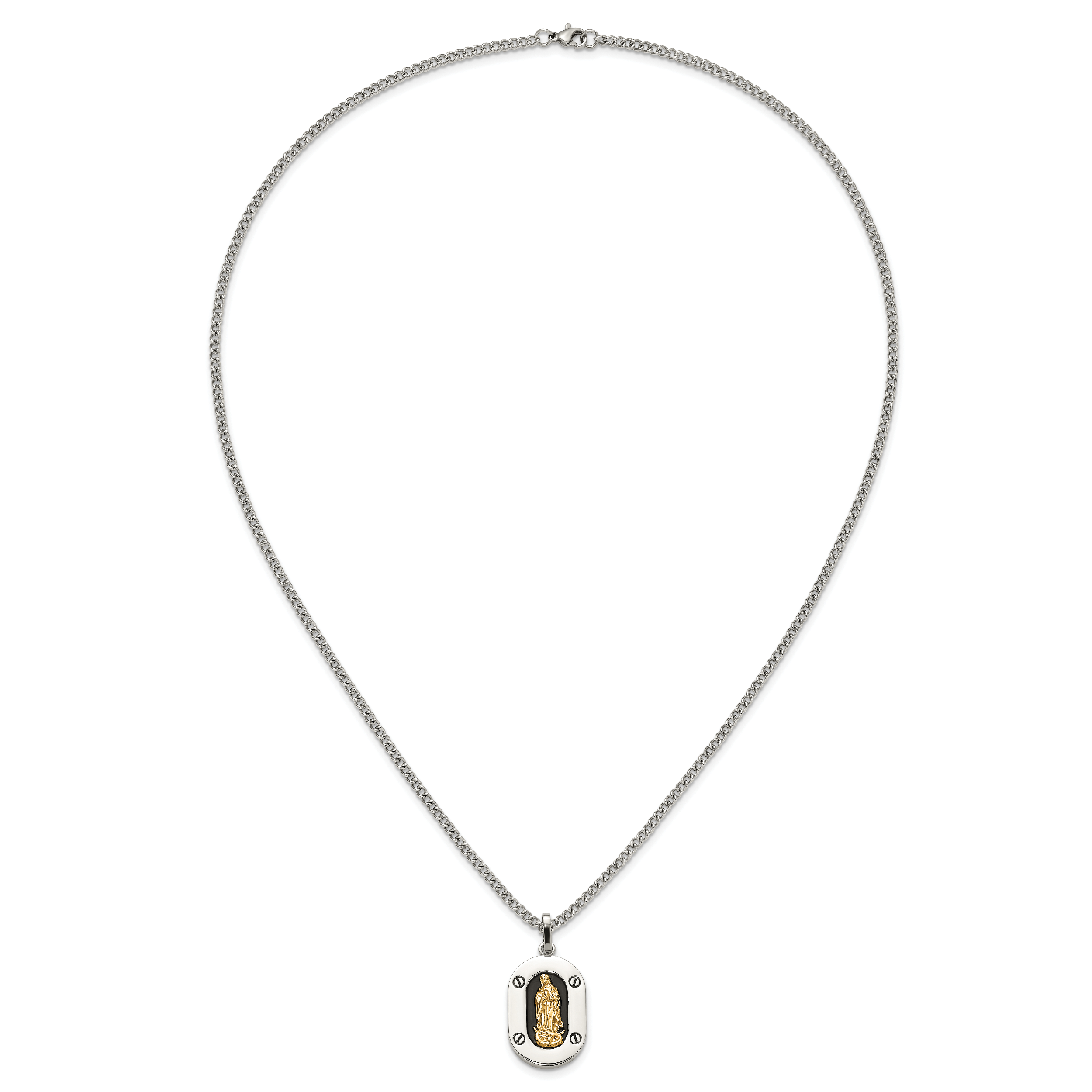 Men's Polished Enamel Black Stainless Steel 10K Gold Accent Curb Chain Pendant Necklace 3mm