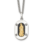 Men's Polished Enamel Black Stainless Steel 10K Gold Accent Curb Chain Pendant Necklace 3mm