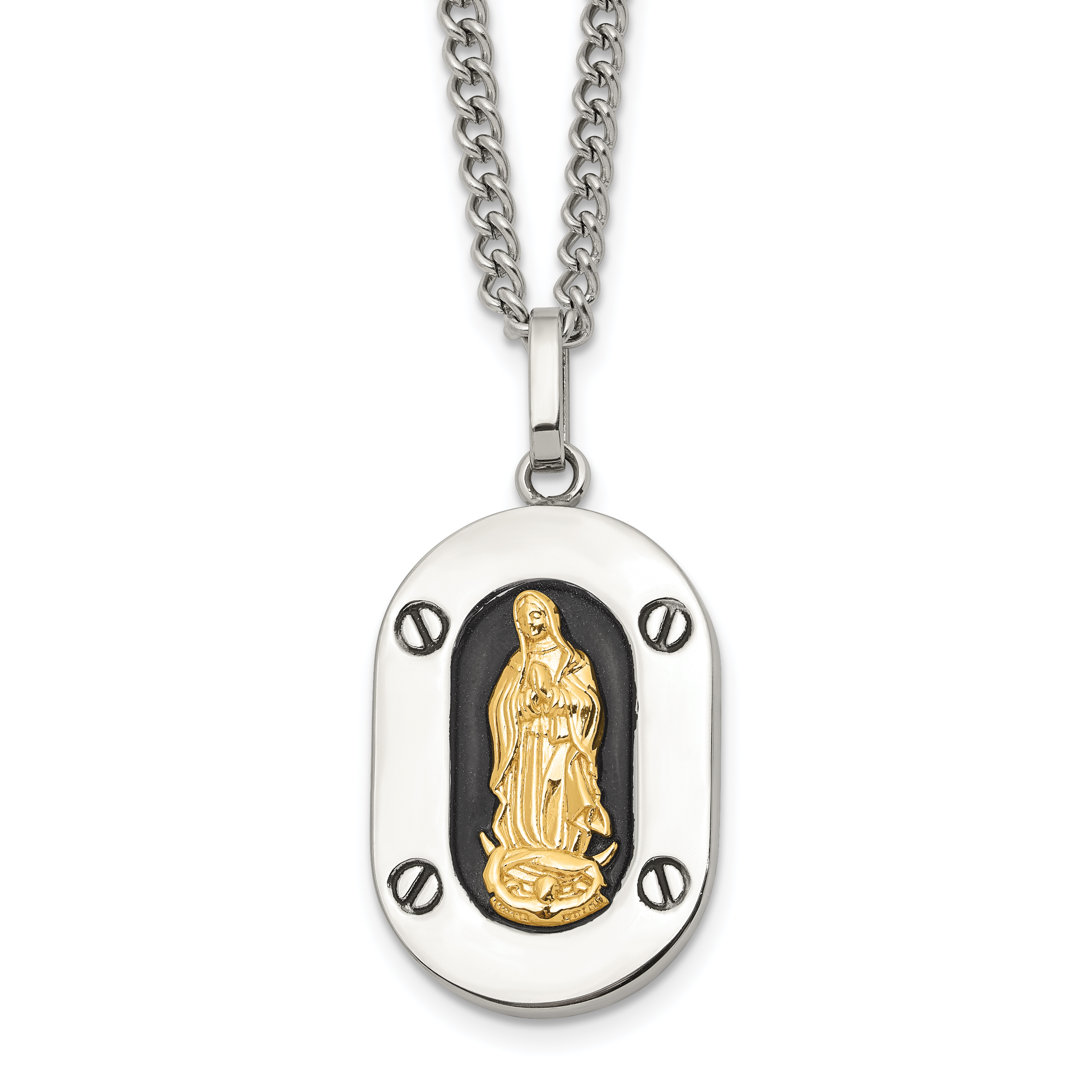 Men's Polished Enamel Black Stainless Steel 10K Gold Accent Curb Chain Pendant Necklace 3mm