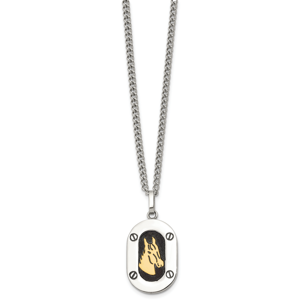 Men's Polished Enamel Stainless Steel 14K Gold Accent Curb Chain Pendant Necklace 3mm