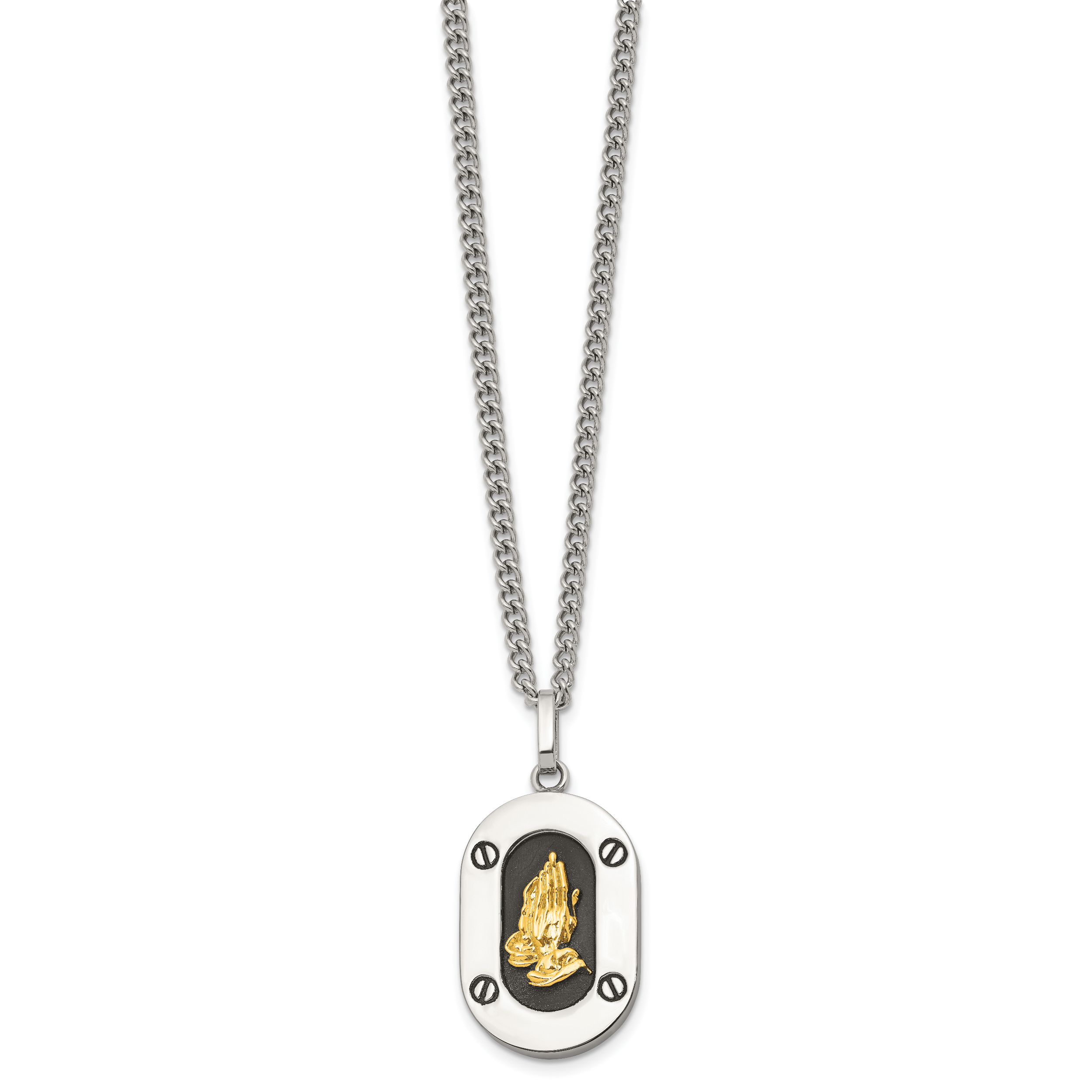 Men's Polished Praying Hands Black Enamel Stainless Steel 14K Gold Accent Curb Chain Pendant Necklace 3mm