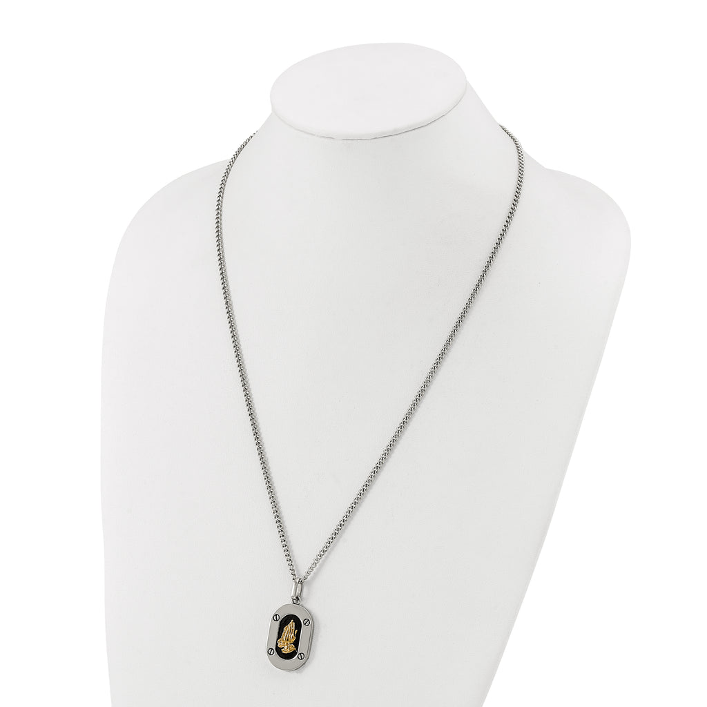 Men's Polished Praying Hands Black Enamel Stainless Steel 14K Gold Accent Curb Chain Pendant Necklace 3mm