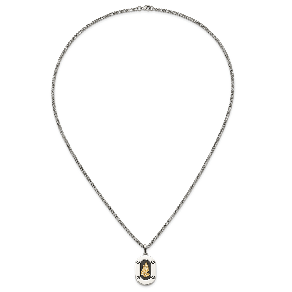 Men's Polished Praying Hands Black Enamel Stainless Steel 14K Gold Accent Curb Chain Pendant Necklace 3mm