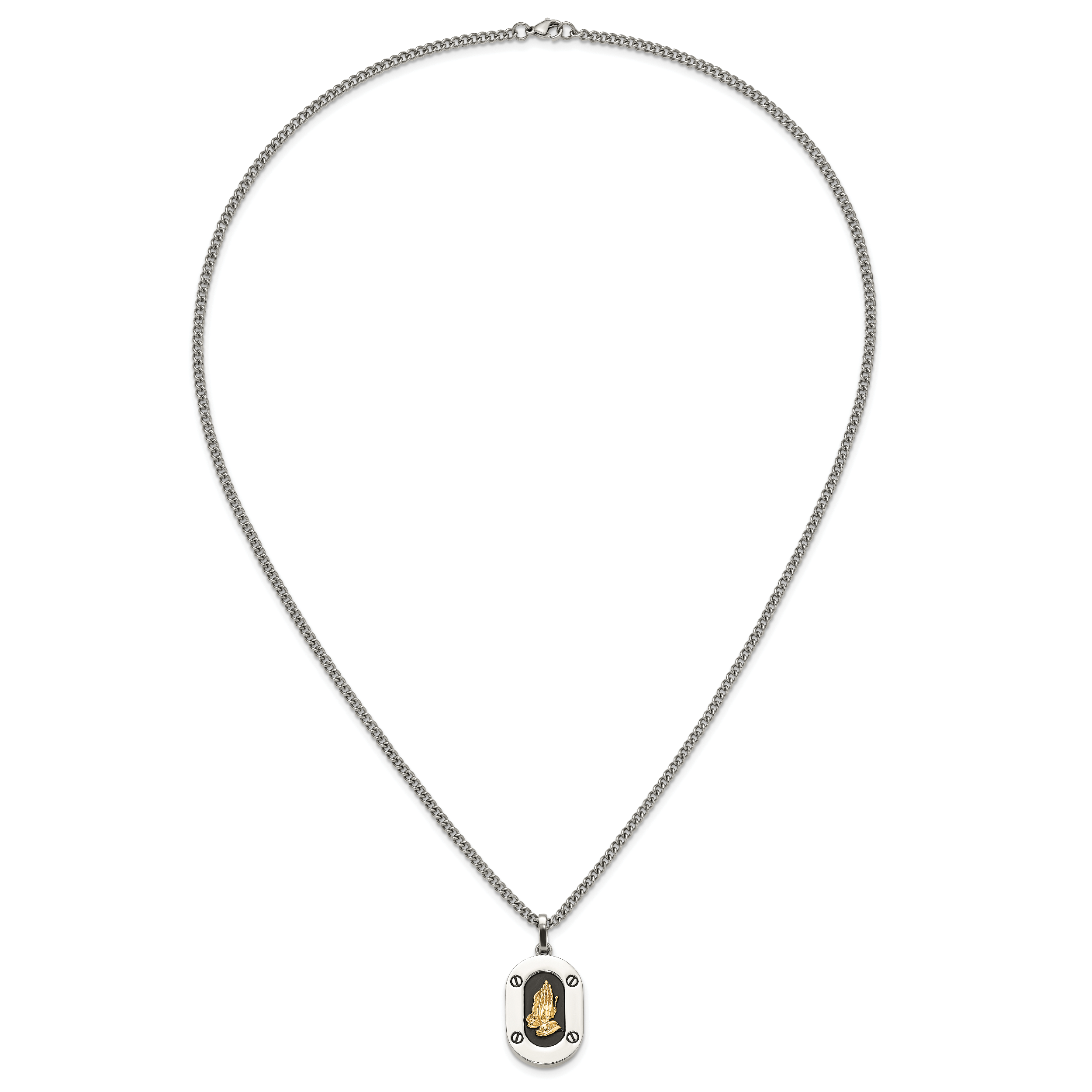 Men's Polished Praying Hands Black Enamel Stainless Steel 14K Gold Accent Curb Chain Pendant Necklace 3mm