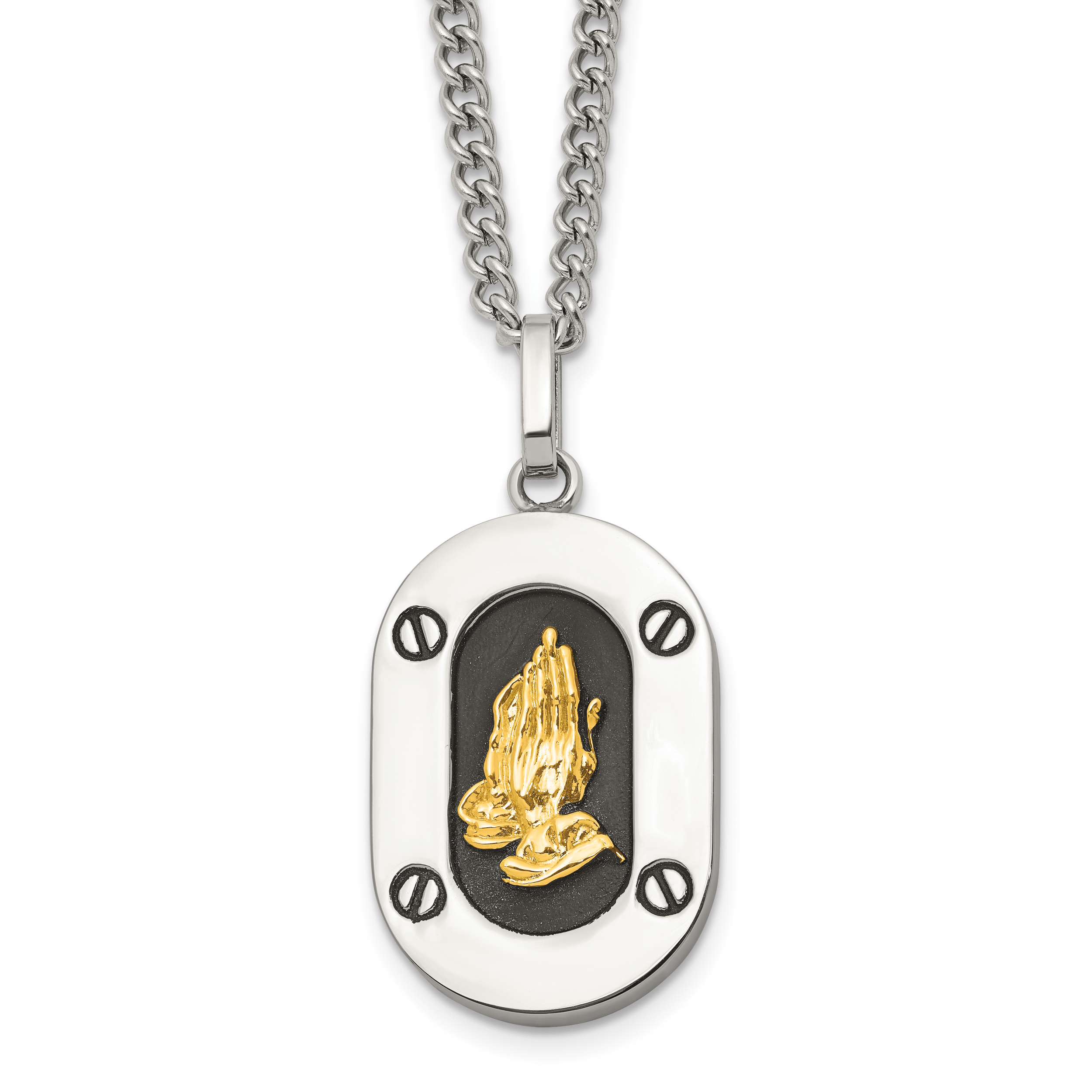Men's Polished Praying Hands Black Enamel Stainless Steel 14K Gold Accent Curb Chain Pendant Necklace 3mm Main image