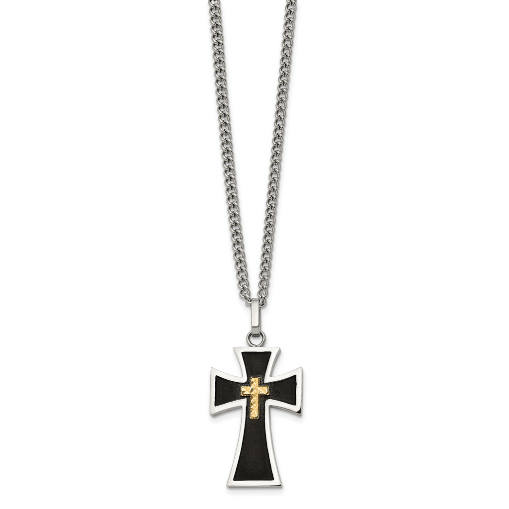 Men's Polished Cross Black Enamel Stainless Steel 14K Gold Accent Curb Chain Necklace 3mm