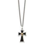 Men's Polished Cross Black Enamel Stainless Steel 14K Gold Accent Curb Chain Necklace 3mm