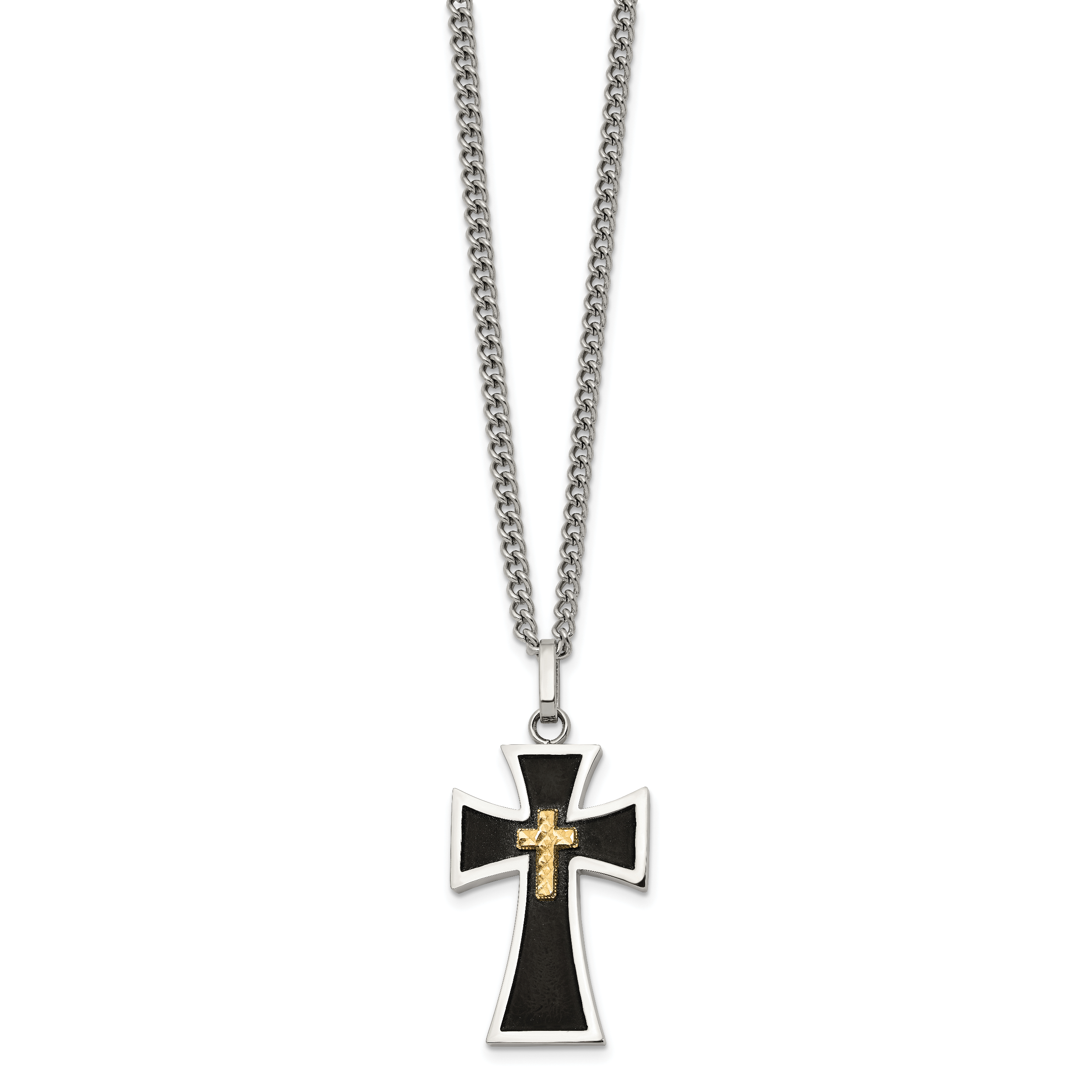 Men's Polished Cross Black Enamel Stainless Steel 14K Gold Accent Curb Chain Necklace 3mm