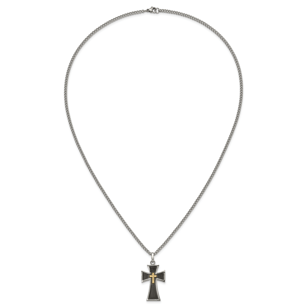 Men's Polished Cross Black Enamel Stainless Steel 14K Gold Accent Curb Chain Necklace 3mm