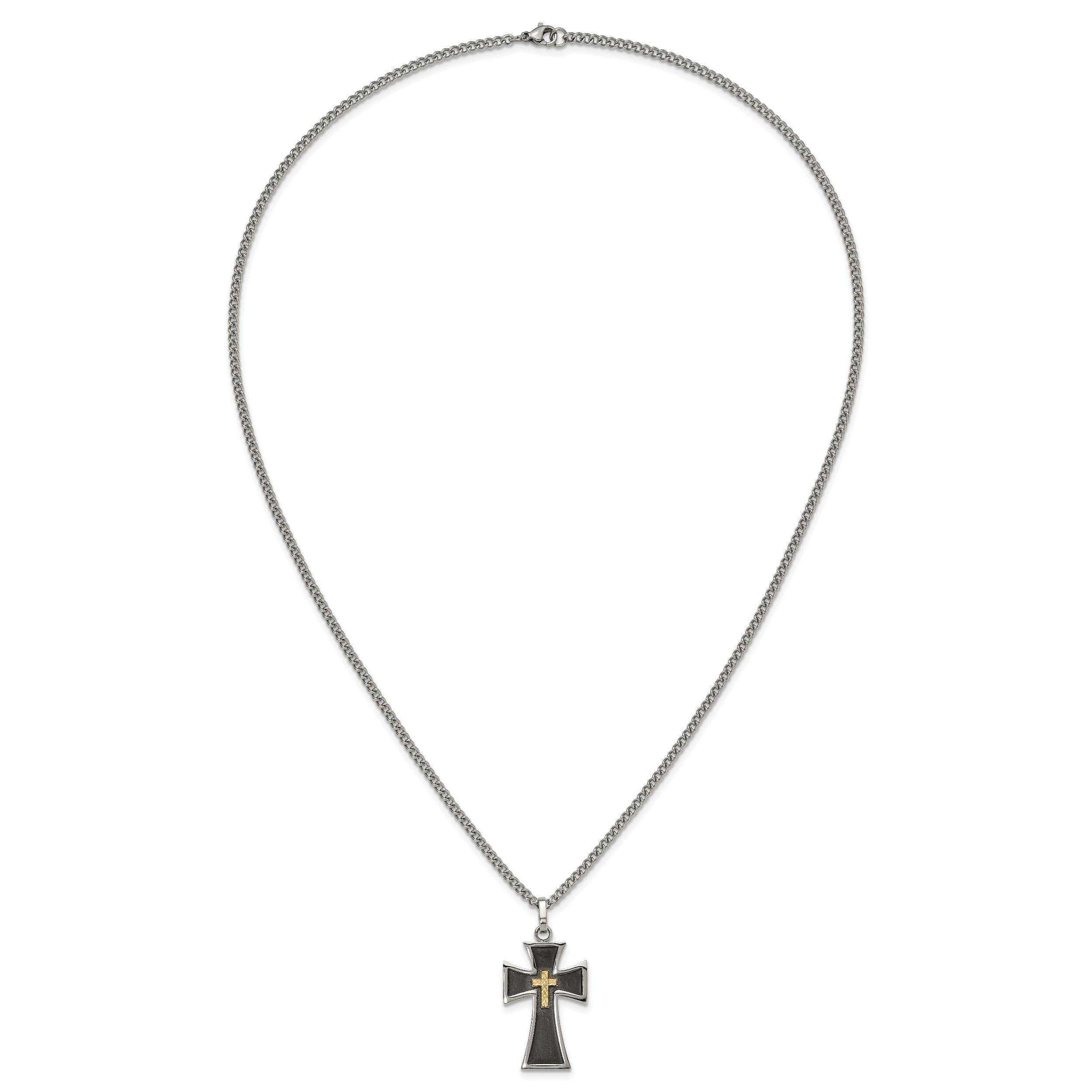 Men's Polished Cross Black Enamel Stainless Steel 14K Gold Accent Curb Chain Necklace 3mm