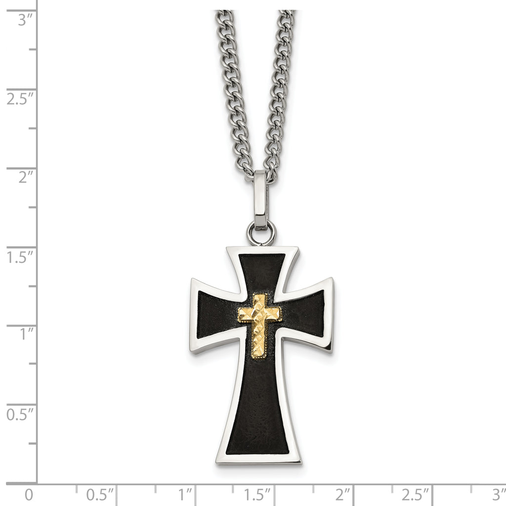 Men's Polished Cross Black Enamel Stainless Steel 14K Gold Accent Curb Chain Necklace 3mm