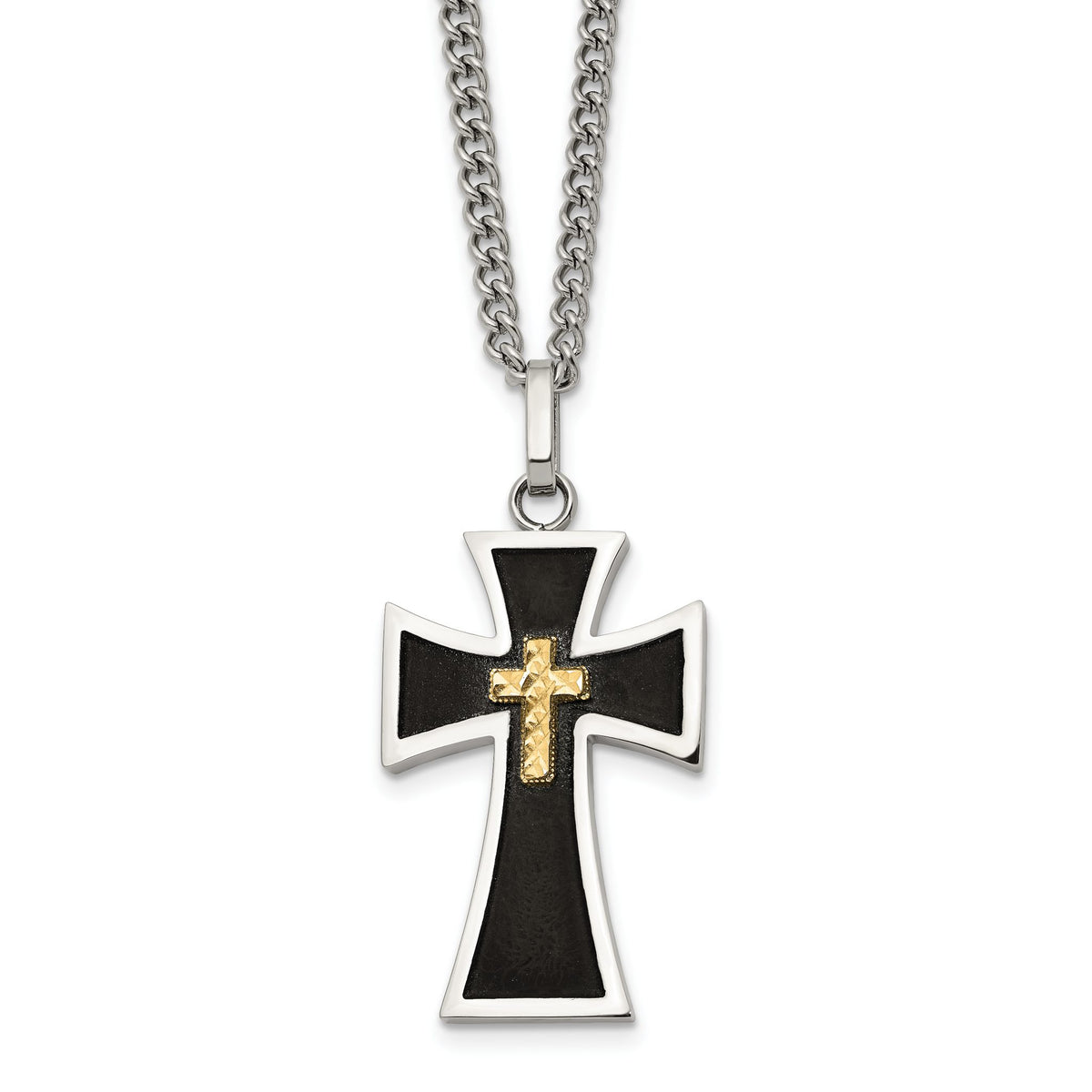 Chisel Black Enamel Cross Necklace in Stainless Steel with 14K Gold Accent, Polished and Diamond-Cut, 24 Inch - Sophia Jewelers Main image