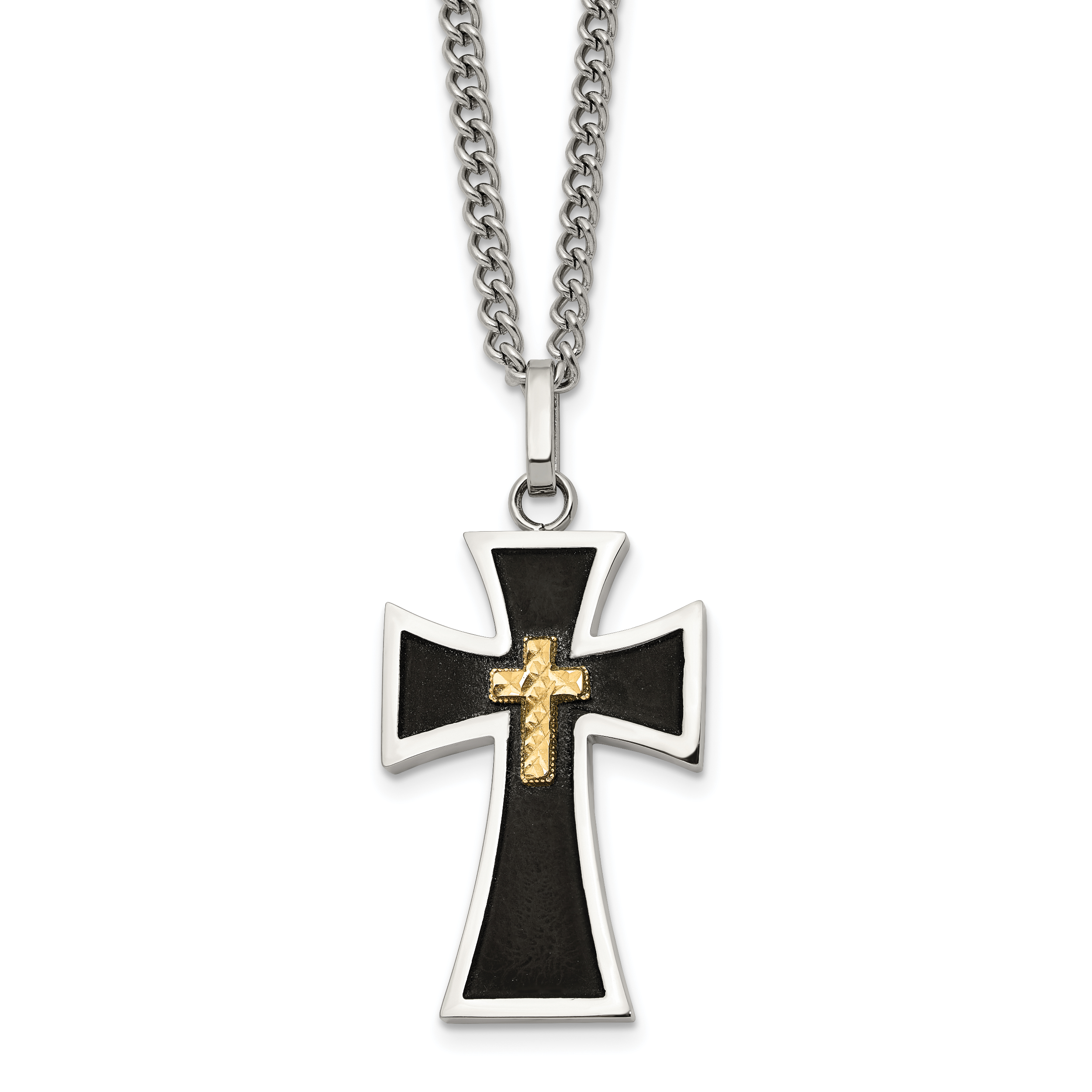 Men's Polished Cross Black Enamel Stainless Steel 14K Gold Accent Curb Chain Necklace 3mm Main image