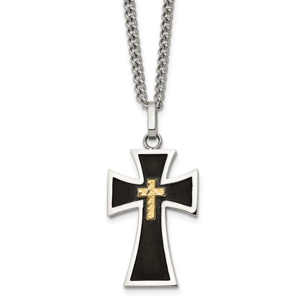 Men's Polished Cross Black Enamel Stainless Steel 14K Gold Accent Curb Chain Necklace 3mm