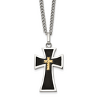 Men's Polished Cross Black Enamel Stainless Steel 14K Gold Accent Curb Chain Necklace 3mm