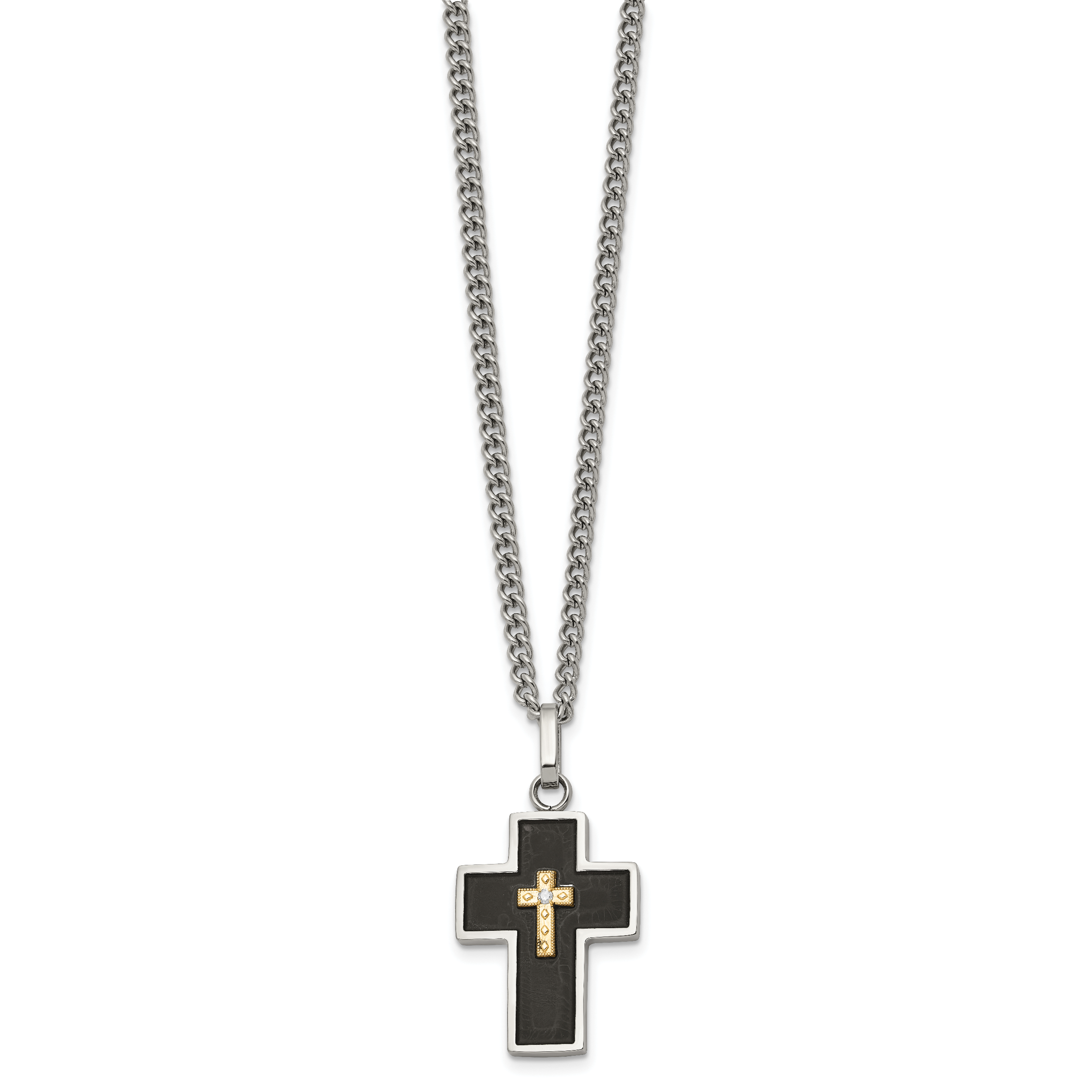 Men's Polished Diamond Cross Black Enamel Stainless Steel Curb Chain Necklace 3mm Secondary image