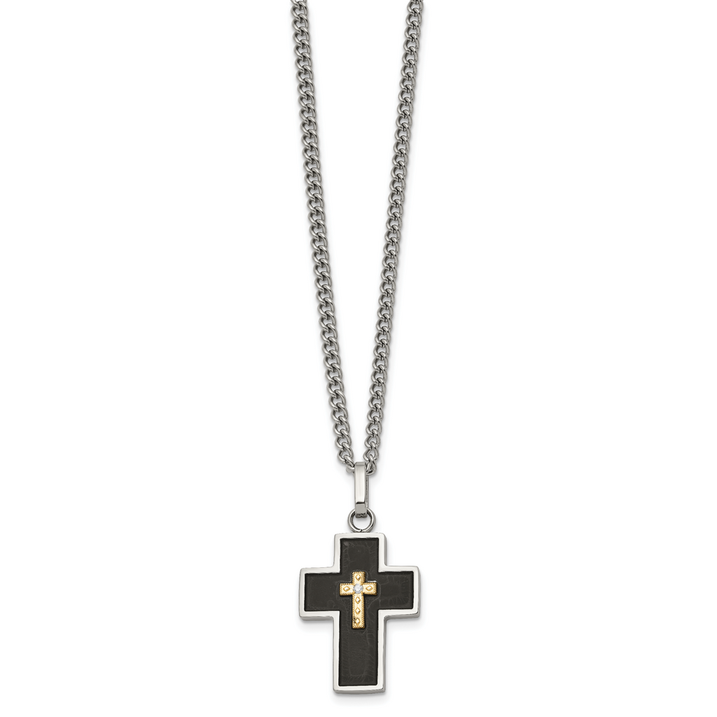 Men's Polished Diamond Cross Black Enamel Stainless Steel Curb Chain Necklace 3mm