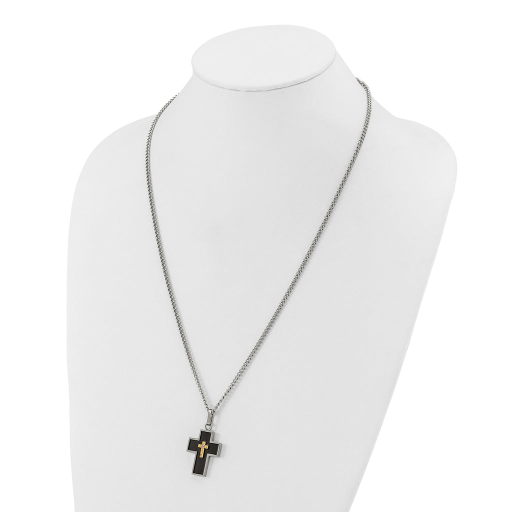 Men's Polished Diamond Cross Black Enamel Stainless Steel Curb Chain Necklace 3mm