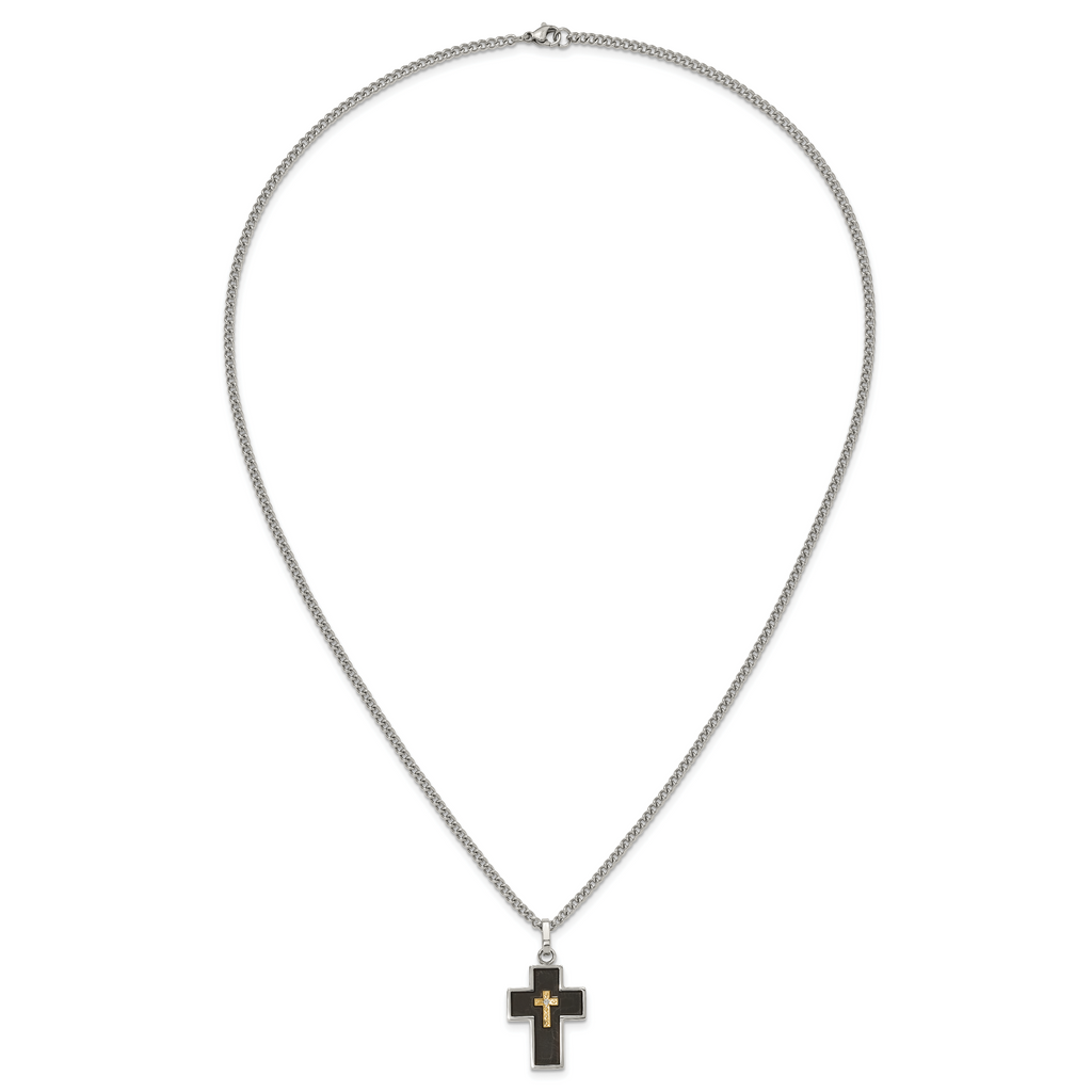 Men's Polished Diamond Cross Black Enamel Stainless Steel Curb Chain Necklace 3mm