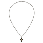 Men's Polished Diamond Cross Black Enamel Stainless Steel Curb Chain Necklace 3mm