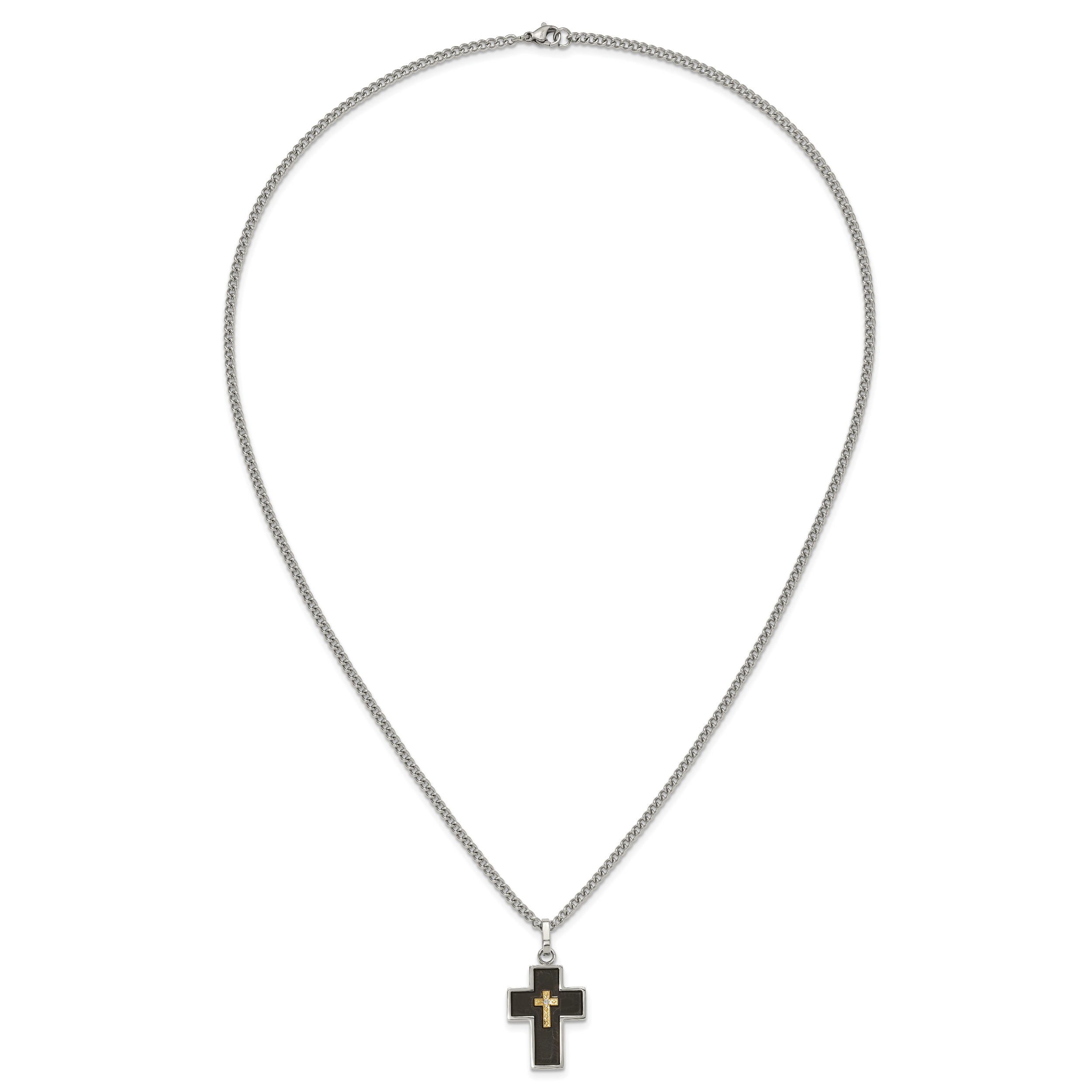 Men's Polished Diamond Cross Black Enamel Stainless Steel Curb Chain Necklace 3mm