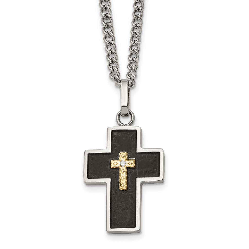 Men's Polished Diamond Cross Black Enamel Stainless Steel Curb Chain Necklace 3mm