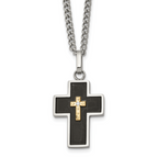 Men's Polished Diamond Cross Black Enamel Stainless Steel Curb Chain Necklace 3mm
