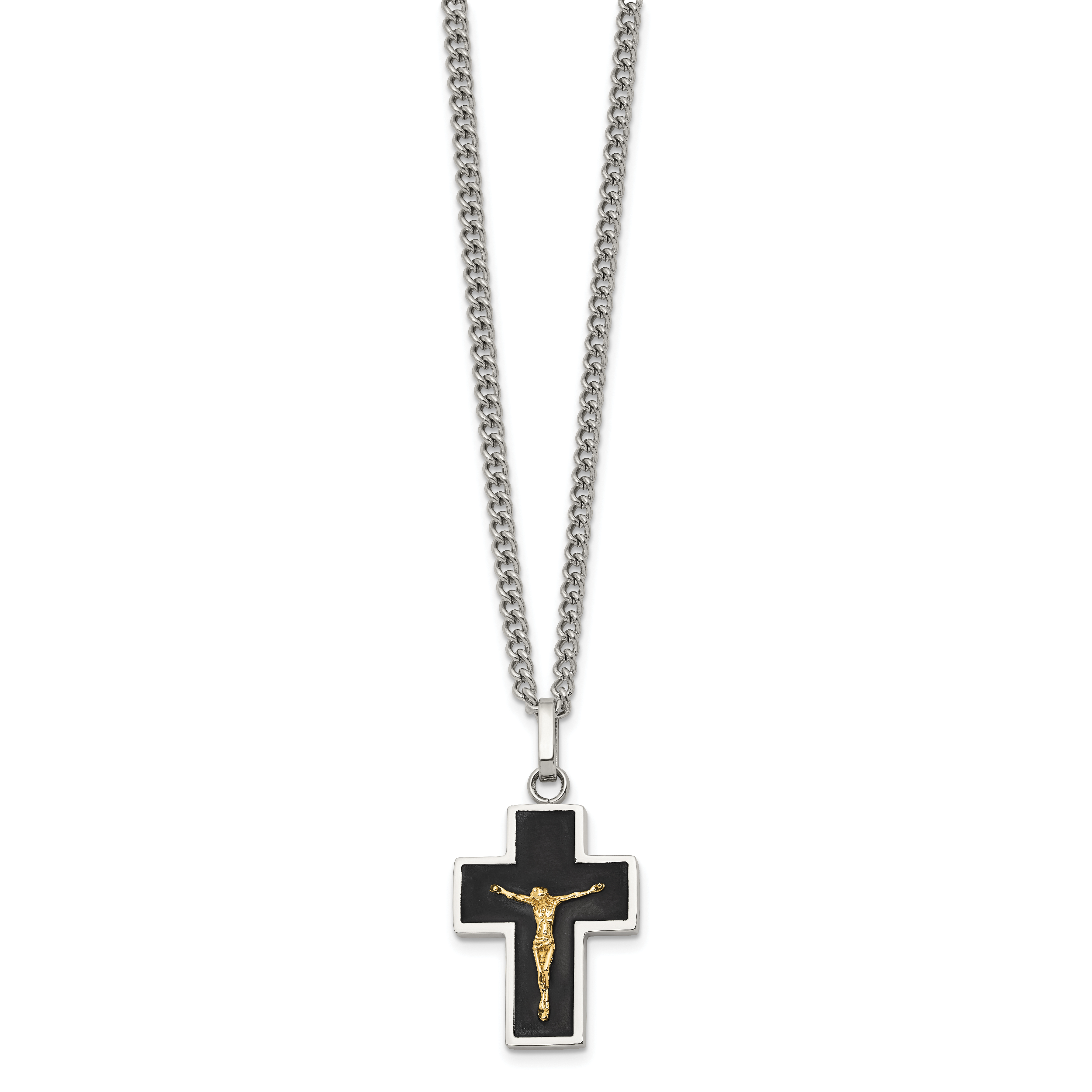 Men's Polished Crucifix Black Enamel Stainless Steel 14K Gold Accent Curb Chain Pendant Necklace 3mm Secondary image