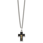 Men's Polished Crucifix Black Enamel Stainless Steel 14K Gold Accent Curb Chain Pendant Necklace 3mm
