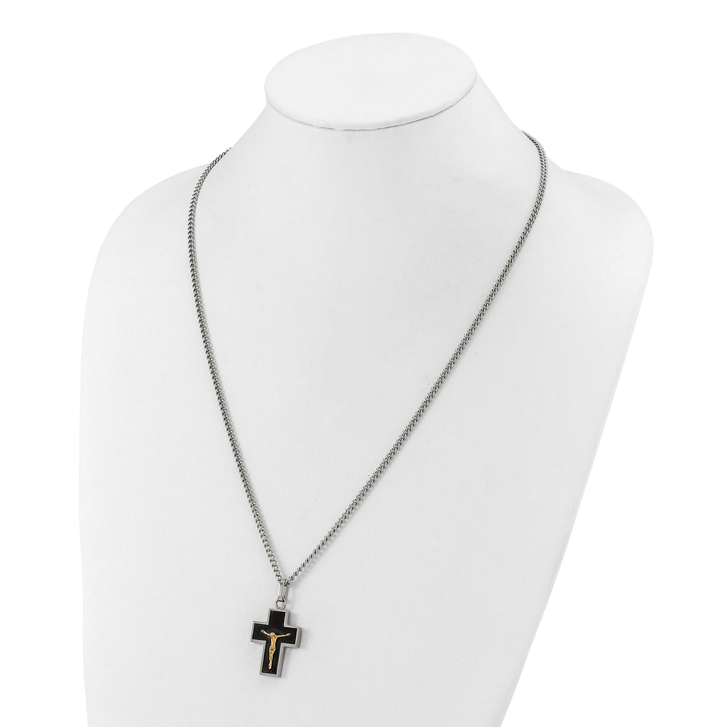 Men's Polished Crucifix Black Enamel Stainless Steel 14K Gold Accent Curb Chain Pendant Necklace 3mm