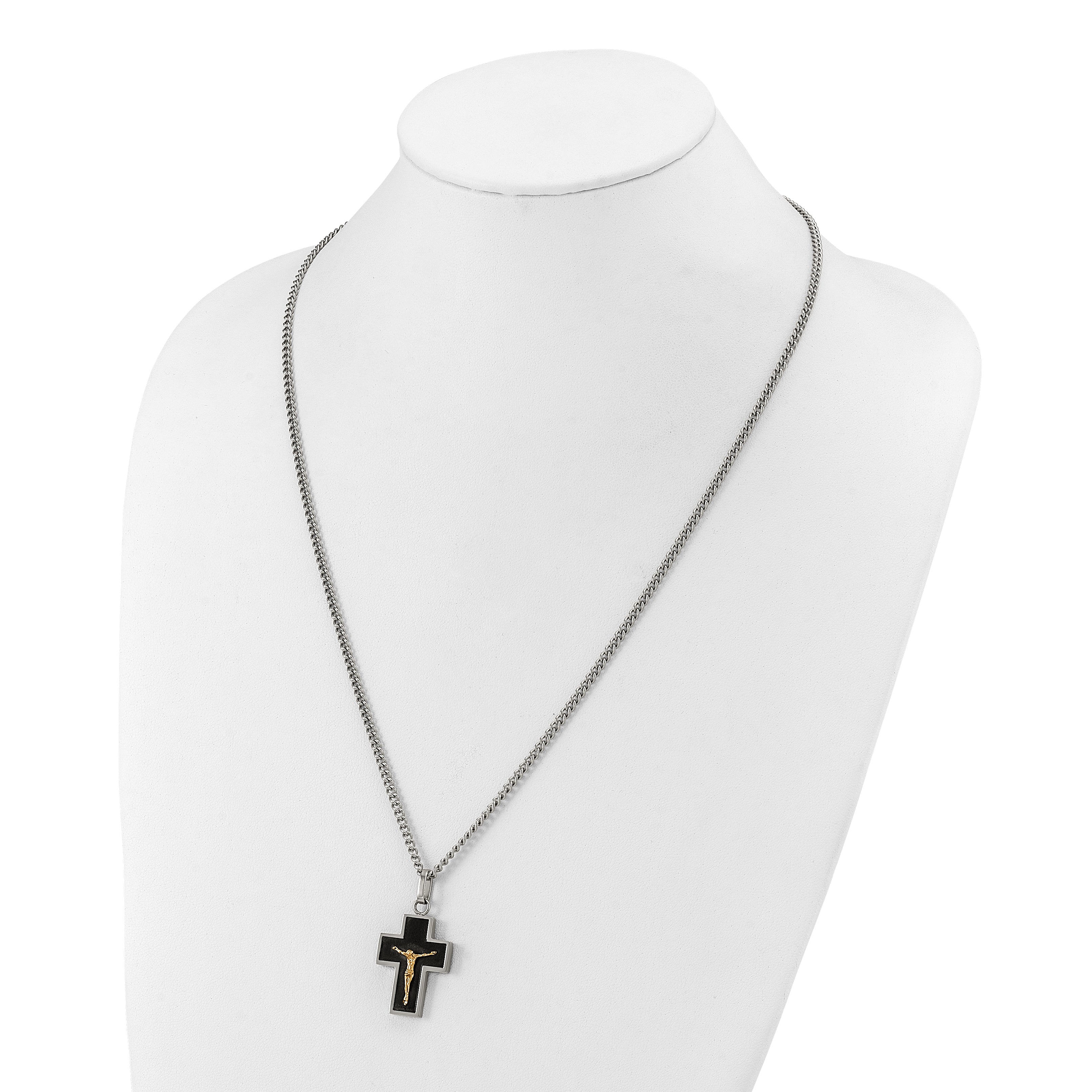 Men's Polished Crucifix Black Enamel Stainless Steel 14K Gold Accent Curb Chain Pendant Necklace 3mm